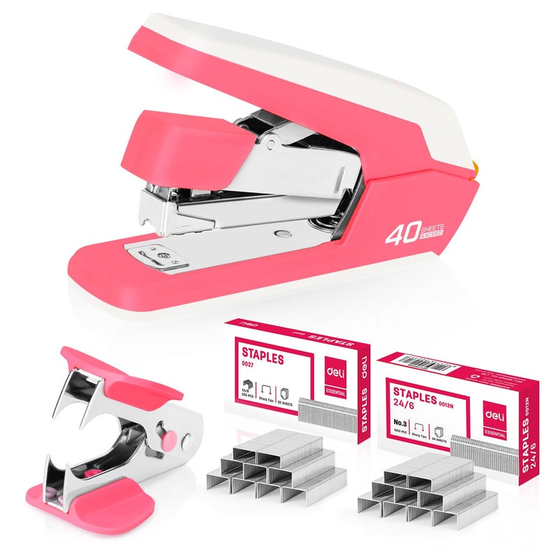 Deli Effortless Desktop Stapler, Heavy Duty Stapler, 40-50 Sheet Capacity, One Finger, No Effort, Includes 1500 Staples & Staple Remover, Rose - Image 1